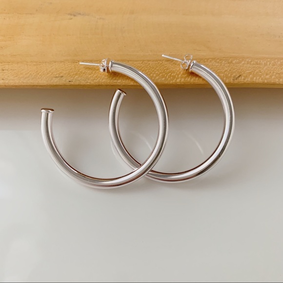 Silver Tube Hoops | 18k White Gold Filled - Picture 3 of 5